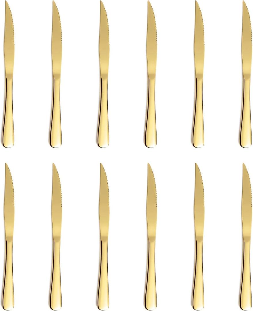 12-piece Gold Steak Knives, Steak Knives Set Of 12, Stainless Steak Knives, Serrated Butter Knife, Dinner Knives Set, dishwasher safe (Golden)
