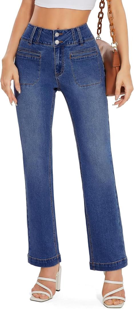 FITTOO Women's Straight Leg Jeans with Front Pocket High Waisted Stretchy Wide Leg Loose Denim Jean Pants Trousers  (Blue, M)