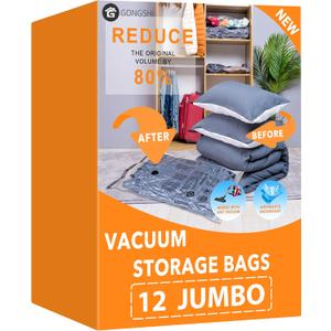GONGSHI Vacuum Storage Bags, Space Saver Seal Bags For Clothing, Travel Luggage,Blankets, Comforters, Pillows, Clothes Storage.12 Jumbo