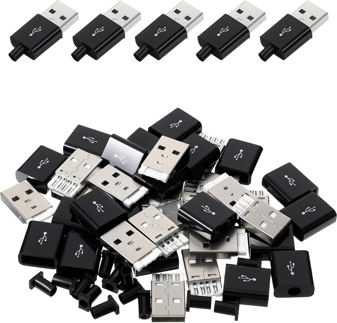 20 Sets USB Connectors USB Repair Kit USB-2.0 Male Solder Socket Type USB-Type a 4 Pin Male Connector Plug Replacement with Black Cover for Wire Repair Charger Power DIY