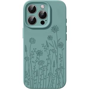 Liquid Silicone Case for iPhone 16 Pro Compatible with Magsafe, Fall Engraved Floral Design Shock Proof Heavy-Duty Protection Hard Phone Case for Women Girls, Midnight Green