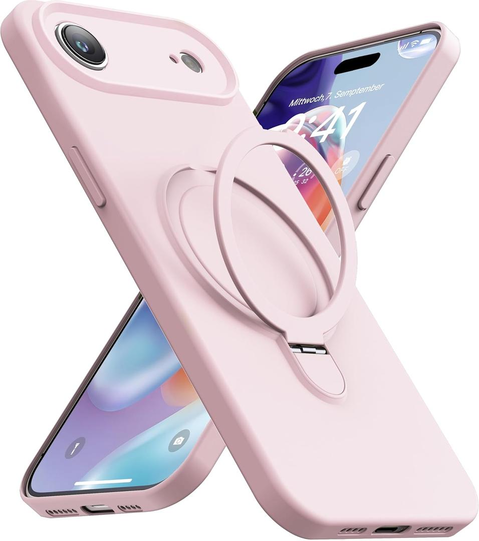 Magnetic Stand for iPhone Air Case, Liquid Silicone, [Compatible with MagSafe][Built-in Kickstand&Ring Holder] Anti-Scratch Soft Microfiber Lining, Light Pink