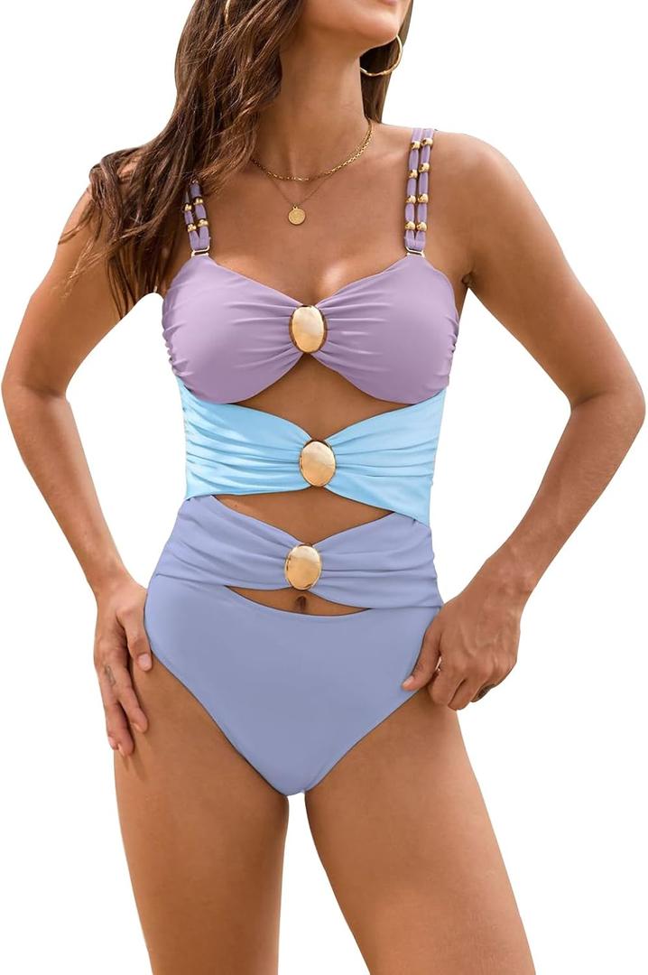 SALENT Womens One Piece Swimsuits 2025 Cutout Colorblock Swimwear Sexy Ruched Bathing Suits (S)