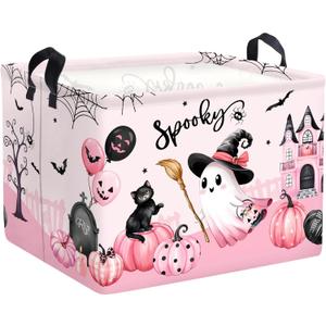 Halloween Baby Storage Basket Ghost Bat Pumpkin Collapsible Clothes Kids Laundry Hamper Large Boys Girls Gift Toy Box Bin for Nursery Room,Pink Haunted House,40 * 30 * 30 cm (36L)