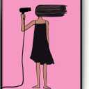 Framed Pink Bathroom Wall Art, Modern Minimalist Black Girl Cartoon Canvas Print, Quirky Pink and Black Woman Picture with Hair Dryer, Bathroom Decor Wall Art for Restroom Washroom Home, 12x16 Inch