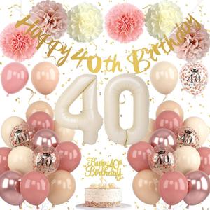 40th Birthday Decorations for Women Retro Blush Pink Birthday Balloons Happy 40th Banner Cake Topper Pom Pom Nude Rose Gold Number 40 Balloon for Her 40 Years Old Bday Party Decoration Supplies