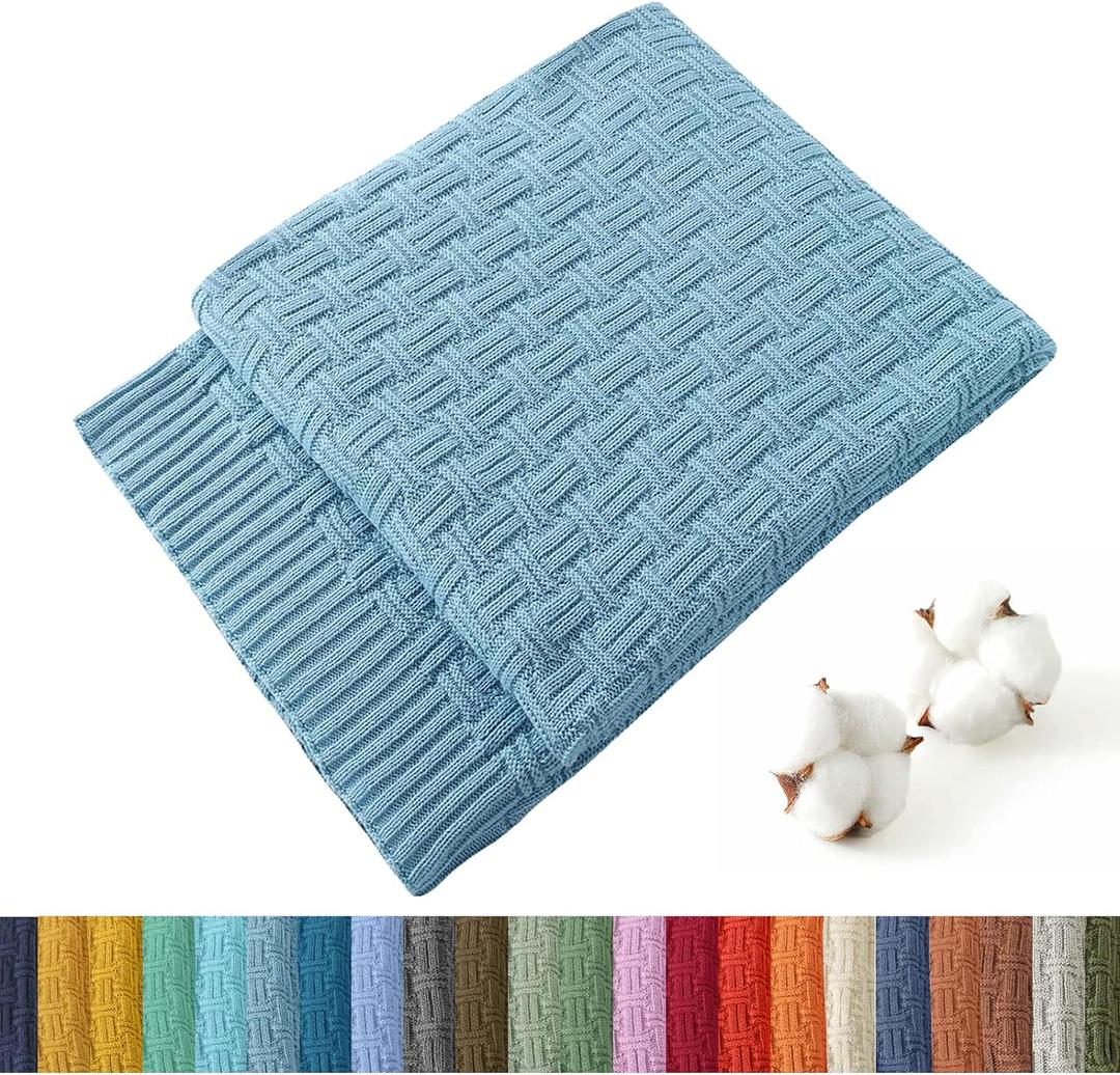TREELY 100% Cotton Knitted Throw Blanket Couch Cover Blanket(50 x 60 Inches, Teal Blue)