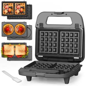 Bakers Friend 3 in 1 Mini Waffle Maker with Removable Plates, Dual Waffle & Pancake and Grill Plates, Breakfast Sandwich Maker Press, Dishwasher Safe, Non-stick Coating, Graphite