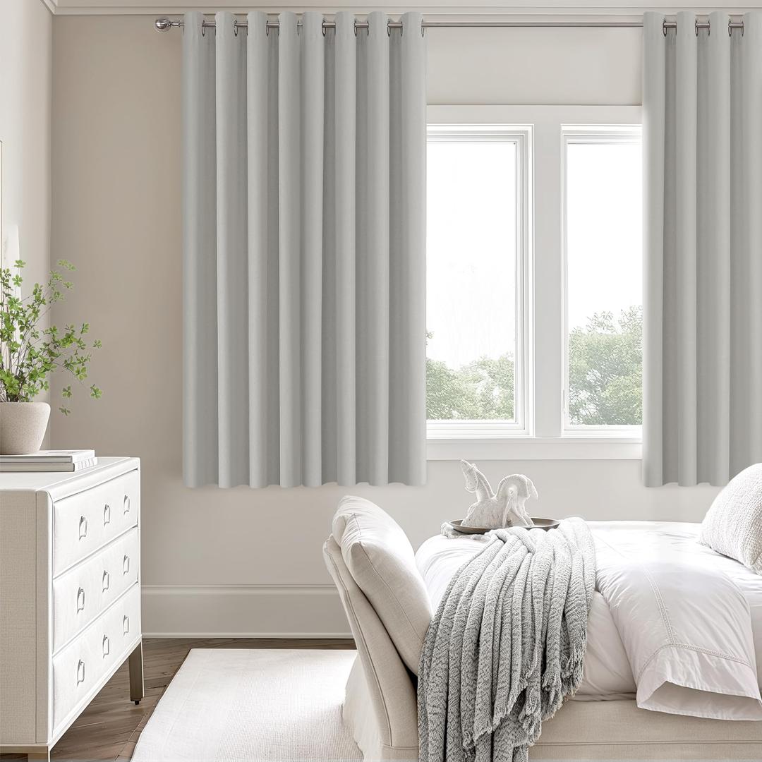 ChrisDowa 100% Blackout Light Grey Solid Curtains 63 Inches Long 2 Panels for Bedroom Living Room,Farmhouse Room Darkening Thermal Insulated Soundproof Grommet Top Window Treatment Drapes,52x63