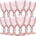 Lallisa Pink Wine Glass Set of 12 Vintage Glassware Pink Goblets 8 oz Embossed Drinking Glass with Stem High Clear Stemmed Cups Goblet for Wedding Party Banquet Feast Bar, Daily Use