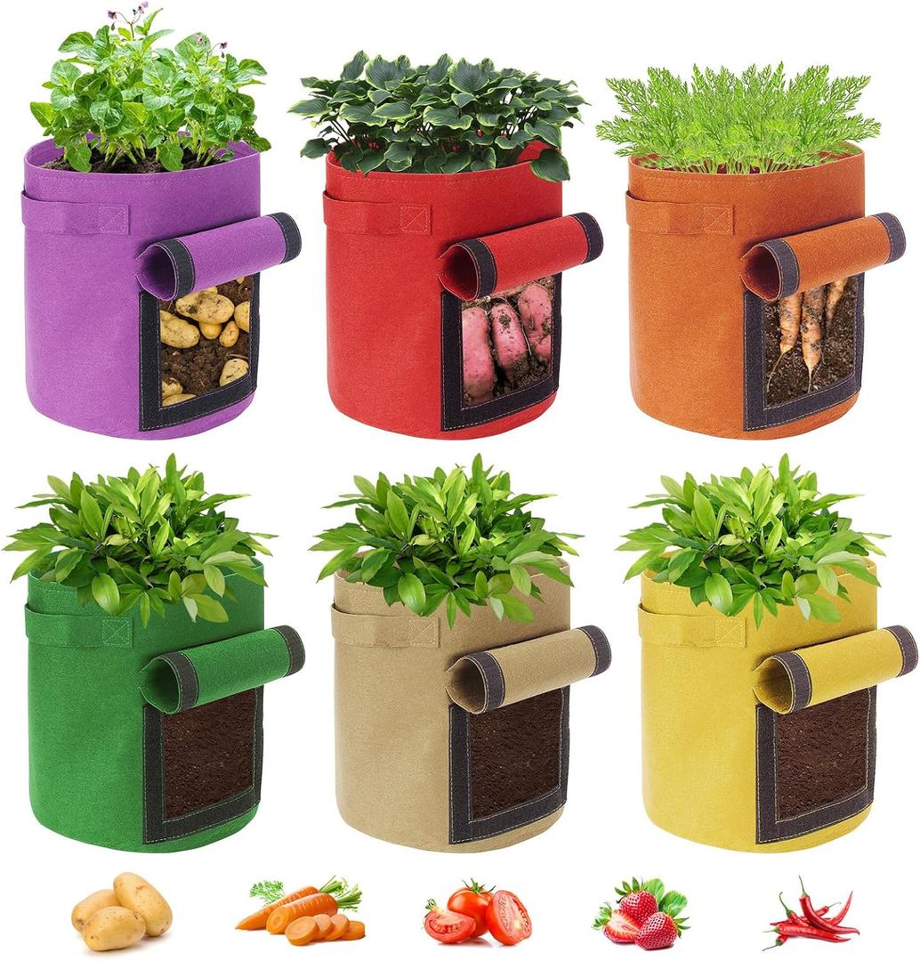 6 Pack 10 Gallon Potato Grow Bags with Flap, Potato Growing Bags Garden Planting Bag with Handle, Nonwoven Fabric Vegetables Grow for Potato Tomato Carrot Onion (10 Gallon)