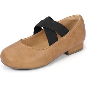 PANDANINJIA Girls Dress Shoes Ballet Flats Mary Jane Elastic Cross Strap Little Big Kid Low Heels Flower Girl Shoes (Brown Pu) US 5 BIG KID