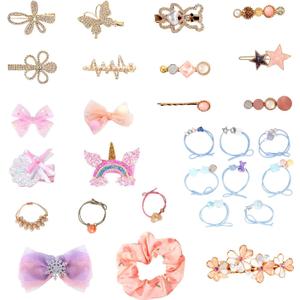 Hair Accessories Kit for Girls Including 32 Pieces Hair Clips, Hair Barrettes, Hair Ties, Hair Bows - Great Gift for Birthday, Christmas, Party, Age 4-15 (Crystal)