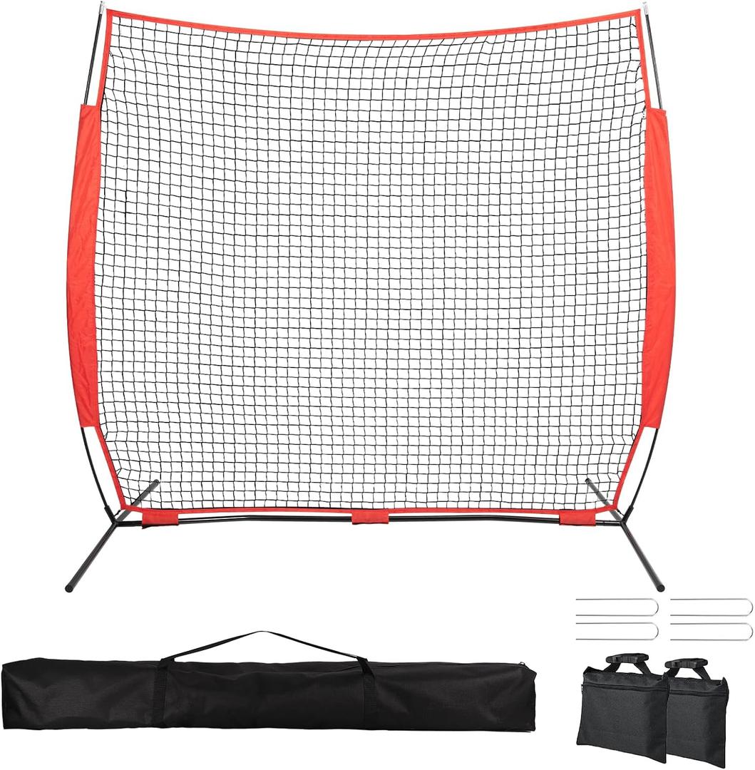 7x7/16x10/20x10ft Backstop Net, Ball Stop Net with Handbag, Fix Sports Net Barrier by 4 Spike&2 Sandbag, Sports Practice Barrier Net for Baseball, Softball, Lacrosse Train, Backstop Net for Backyard (Red and Black)