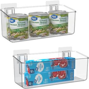 vacane 2 Pack Plastic Adhesive Mount Over Cabinet Door Organizer, Wall Organization Container Makeup Organizer Hanging Basket Bins for Kitchen, Pantry, Craft Room, Office, Space Saving Holder (Medium)