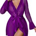 Avidlove Mesh Lingerie Robe Sets Long Sleeve Kimono Nighty With Thong | Sexy, Long Sleeve, Soft, Sheer Mesh, Robe with Thong, Ruffle Bell Sleeves
