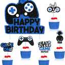31 Piece Video Game Happy Birthday Cupcake Toppers Cake Toppers Video Gamer Party Decorations Supplies Picks Gaming Theme Birthday Party Banner Game Controller Backdrop for Kid Boys Gaming (Blue)