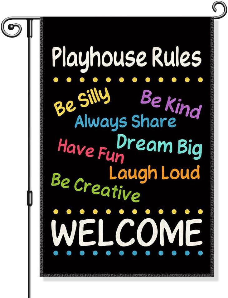 Playhouse Rules Garden Flag, Funny Neutral Colors Welcome Yard Sign for Outside, Clubhouse Home Tree House Decor, Cute Flag for Kids Gifts for Children Outdoor Decor