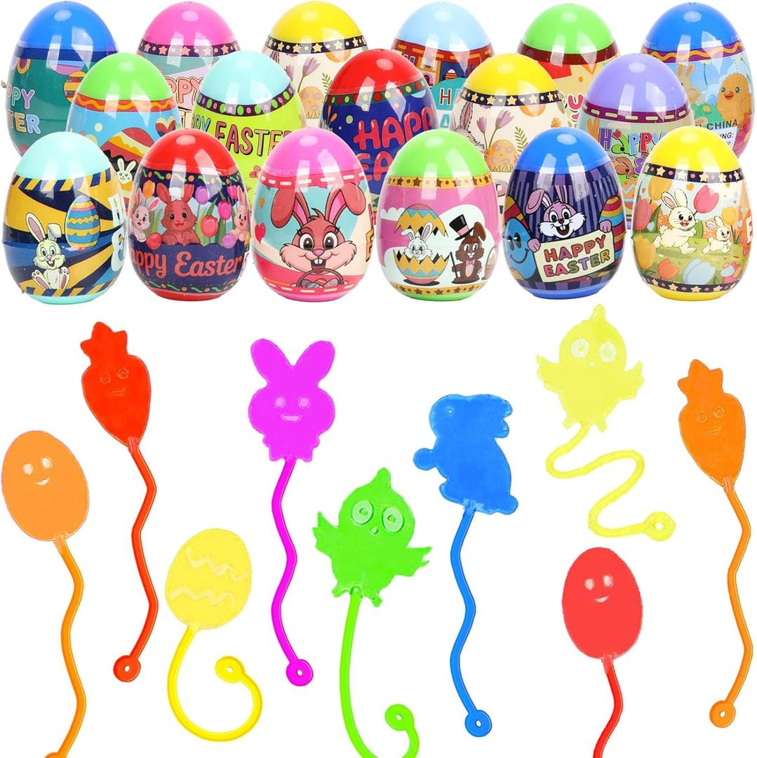Easter Eggs with Sticky Stretchy Toys Inside  24 Pack Filled Easter Eggs, Assorted Easter Elements, Surprise Party Favors for Kids, Egg Hunt, Easter Basket Stuffers