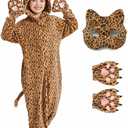 Ezuwail Cheetah Costume Kids Snow Leopard Costume Gloves Mask Cheetah Onesie Bodysuit Halloween Cosplay for Girls Boys (140, Brown)