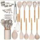 Silicone Kitchen Cooking Utensils Set, 33pcs 446F Heat Resistant, Non-stick, BPA-Free, Wooden Handles, Spatula, Turner, Tongs, Spoon, Brush, Whisk Essential Cooking Gadgets (Khaki)
