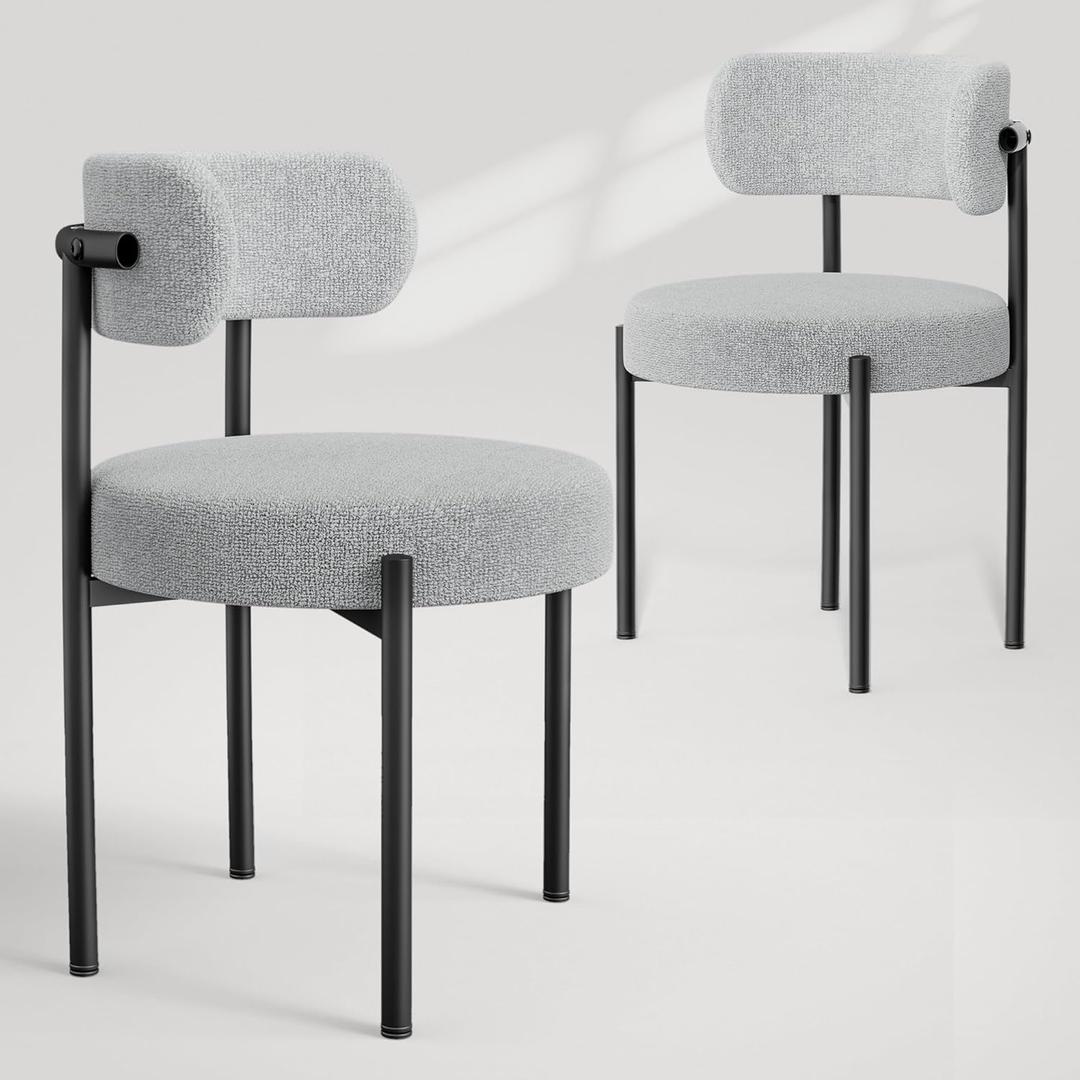 Boucle Dining Chairs Set of 2, Light Gray Mid Century Morden Chair with Curved Backrest, Round Upholstered Sherpa with Metal Legs, Suitable for Various Kitchen Styles