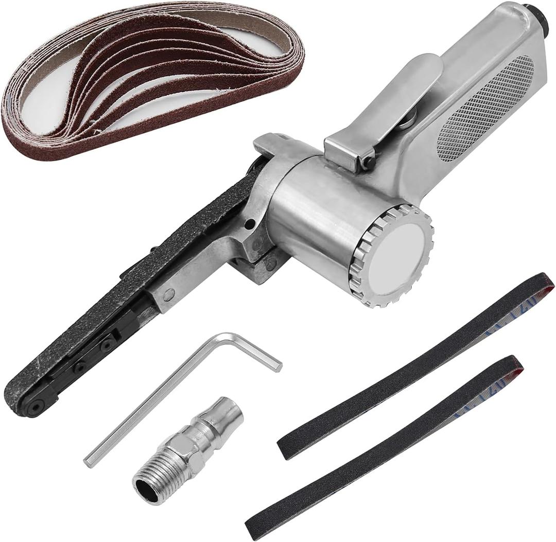 Small Mini Air Operated Power Belt Sander, Sanding Grinder File Narrow Width 3/8 for Spot Welding Parts Grinding, Burr Removal, Chamfering and Coating Film Removal