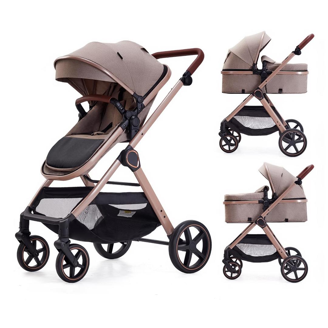 LORTSYBAB 2 in 1 Baby Stroller, Newborn Infant Toddler Convertible Bassinet Pram Stroller for 0-36 Months Old Babies (Beige)
