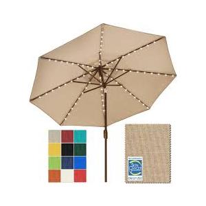 EliteShade USA 10-Year-Non-Fading 9ft Market Patio Umbrella, Commercial Grade Table Sun Umbrella with 80 Solar LED Lights, Crank Open, Windproof & UPF 50+ UV Protection for Garden, Deck, Pool, Backyard, Heather Beige
