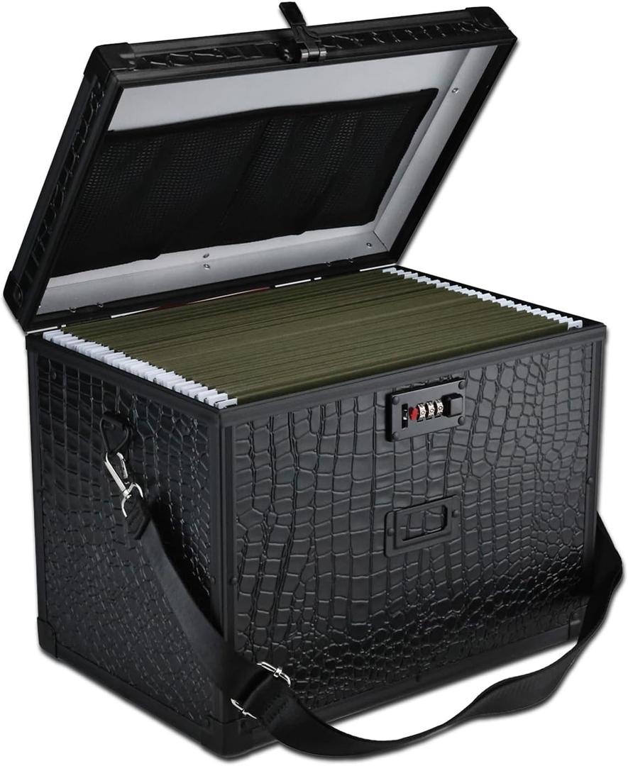 File Storage Cabinet File Organizer Document Organizer File Box in Office and Home with Combination Lock with 20 Letter Size Hanging Files (Aligator Black)