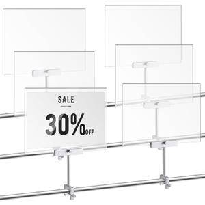 6 Set 8.5 x 11 Inch Aluminum Alloy Retail Sign Holder with Clamp Acrylic Frame Clothing Rack Clip on Sign Holder for Retail Stores Price Card Display, (Silver)