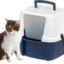 IRIS USA Cat Litter Box, Large Enclosure with Front Door Flap and Scoop, Covered Box with Handle and Buckles for Portability and Privacy, Navy/White