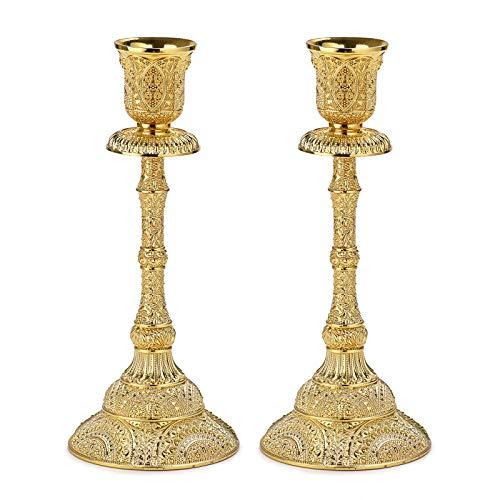 OwnMy Set of 2 Taper Candle Holders Vintage Metal Pillar Candlestick Holders 7.4”, Elegant Brass Candle Stick Holders Decor Candelabra Set for Dining Table Centerpieces Wedding Home Decoration, Gold