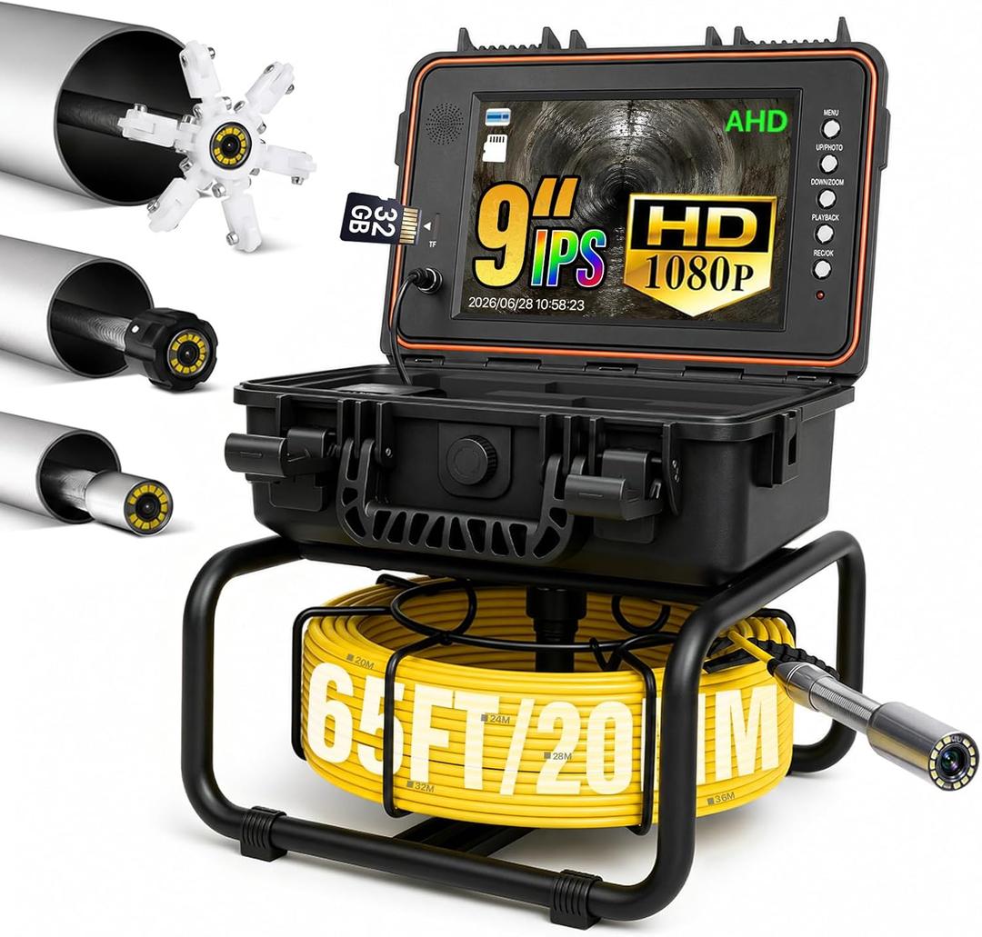 65ft self-Leveling Sewer Camera for Ideal Residential Pipe inspections. Equipped 9-inch IPS screen with DVR , 1080p HD probe, 5100mAh battery, 32GB hard drive recorder, and IP68 waterproof rating