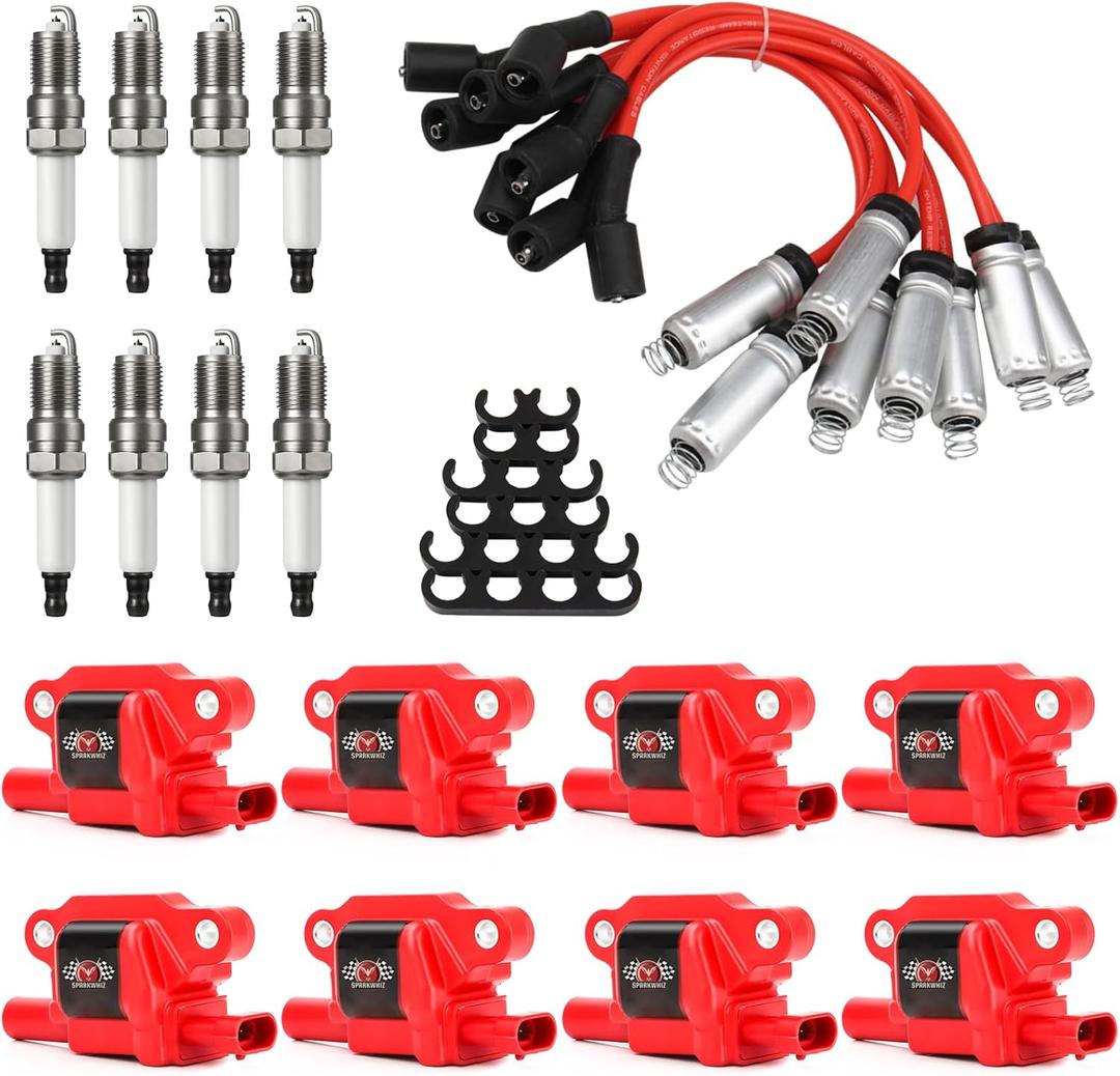 SPARKWHIZ Set of 8 Square UF413 Ignition Coils Pack & Platinum Spark Plugs & Wires Set, Replacement for UF413 D510C 5C1554,Compatible with Chevy Silverado 1500 GMC Pontiac G8 Grand Prix H3 Tahoe Yukon