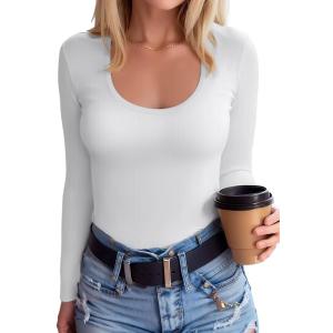 SANDERY Summer Women's Scoop Neck Short Sleeve Shirts Ribbed Slim Fitted Casual Basic Top Blouses (X-Large, Long-white)