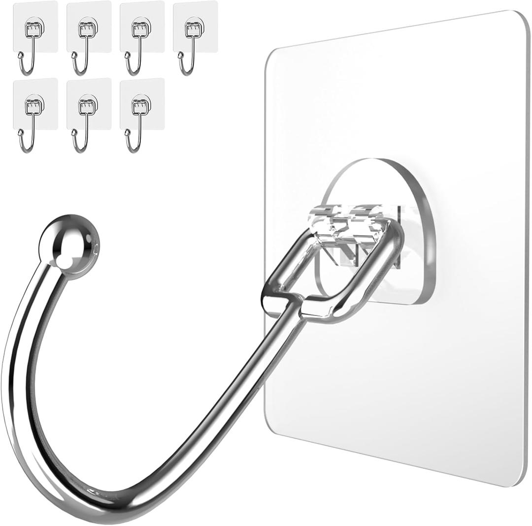 Large Adhesive Hooks 8-Pack, Heavy Duty 44lb(Max) Wall Hooks for Bathroom, Outdoor, Strong Self-Adhesive Towel & Coat Hooks, Waterproof Transparent Utility Hooks for Home Improvement