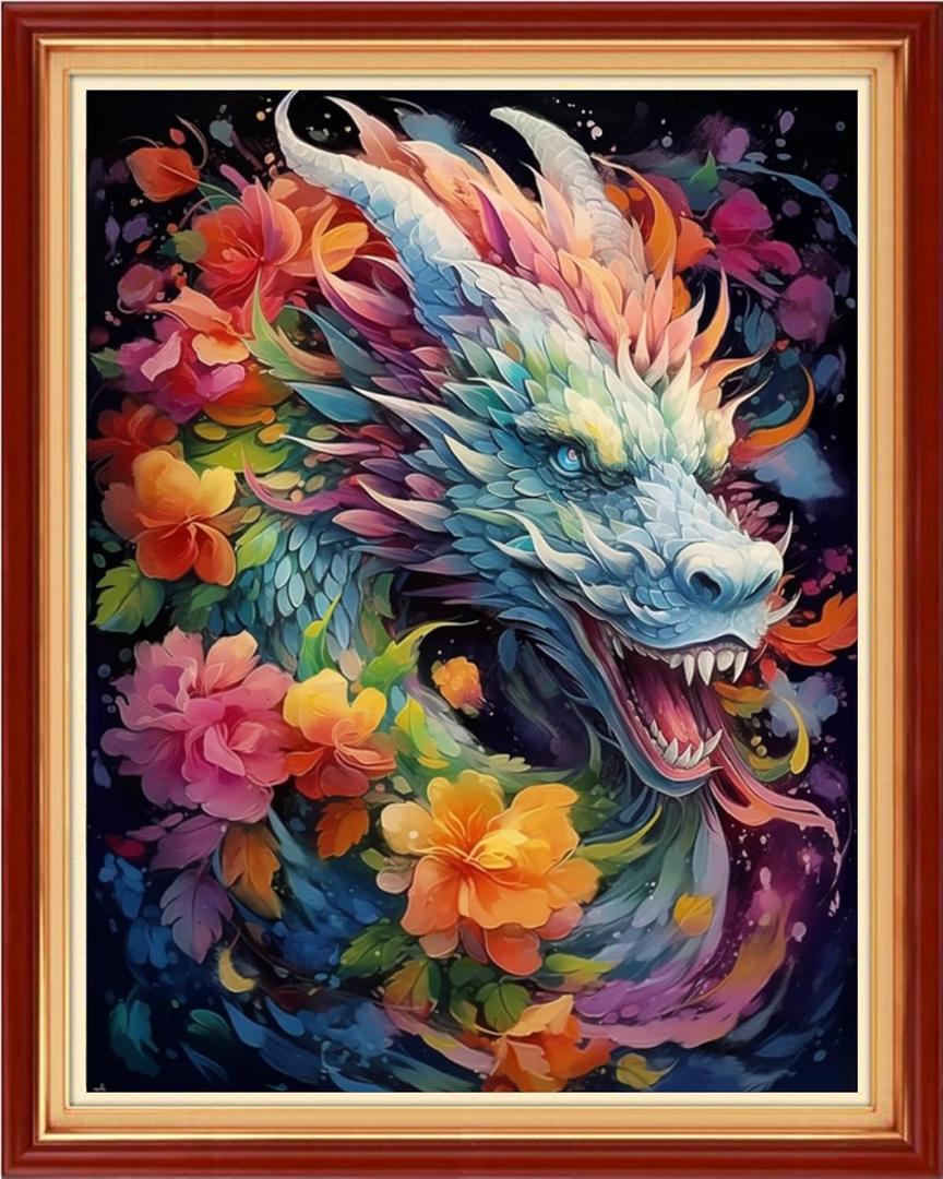 Redxing Stamped Cross Stitch Kits - Beach Night Landscape Counted Cross Stitch Kits for Beginners Adults Needlepoint Cross-Stitch Patterns-Flower Dragon 16x20 inches (ArtsKit29)