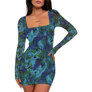 Prinbara Womens Mesh Long Sleeve Square Neck Ruched Mini Dress Sexy Bodycon Elegant Cocktail Evening Club Party Short Dresses Floral Deep Green Small (S)