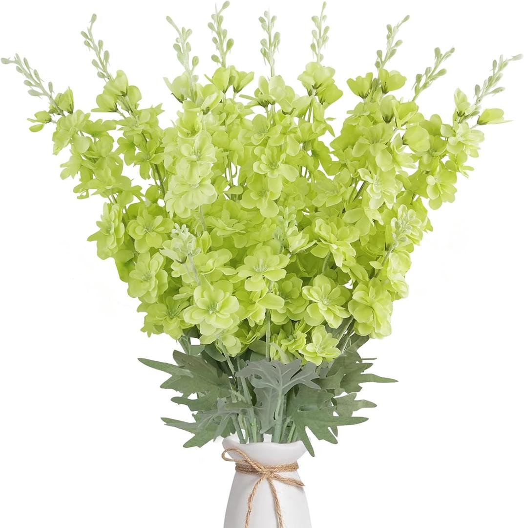16Pcs Green Delphinium Artificial Flowers Larkspur 33.5'' Long Stem Fake Silk Green Flowers for Tall Vases for Home Wedding Party Table Centerpiece Floral Arrangement (Light Green)