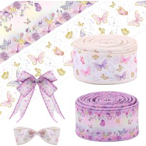 Tigeen 2 Rolls 20 Yards Butterfly Wired Edge Ribbon 1.6" Purple Butterfly Flower Burlap Ribbon for Gift Wrapping DIY Crafts Wreath Bow Thanksgiving Wedding Baby Shower Birthday Party Decoration