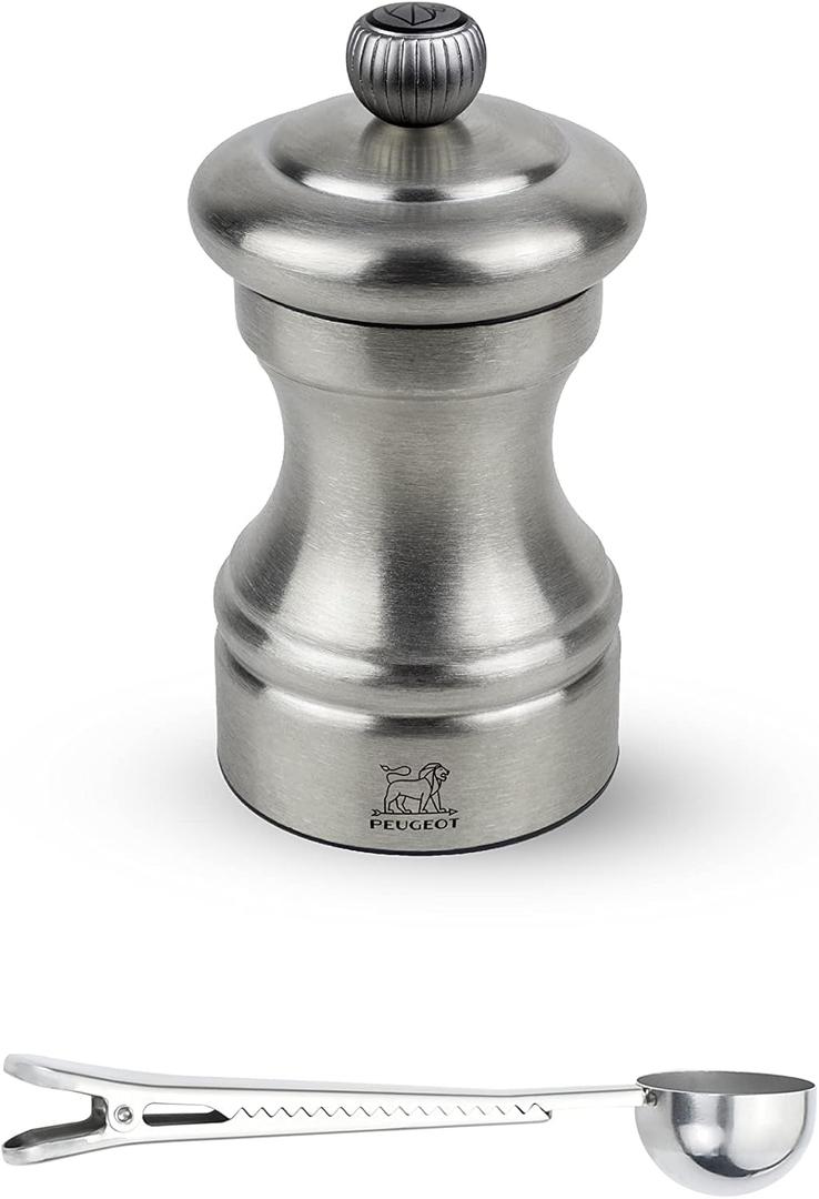 Peugeot Bistro Chef Manual Pepper Mill Gift Set Stainless Steel 10 cm - 4in - With Stainless Steel Spice Scoop/Bag Clip