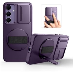 SURITCH for Samsung Galaxy S24 Case with 360° Rotatable Hand Strap Phone Grip & Invisible Kickstand & Slide Camera Cover, Rugged Shockproof Protective Cover for S24 -Dark Purple
