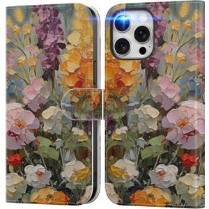 DEENAKIN for iPhone 15 Pro Max Wallet Case with Card Holder + Cash Clip, RFID-Blocking, Military-Grade Protection & UV-Printed Artwork, Magnetic Closure with Leather Stand - Oil Painting Flowers
