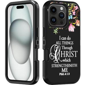 for iPhone 16 Pro Max Case, Heavy Duty 3 in 1 Hybrid Hard PC & Soft Silicone [Military Grade] Shockproof Drop Protection Case for iPhone 16 Pro Max 6.9", Floral Quote Bible Verse Phil 4:13