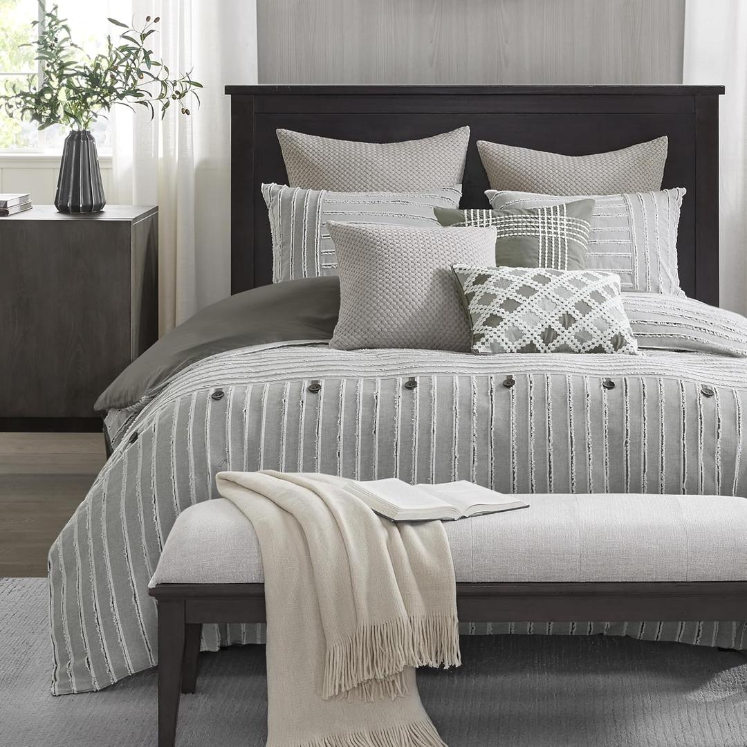Madison Park Queen Comforter Set, Removable 100% Cotton Duvet Cover Queen Size with Insert, Farmhouse Bedding, Textured Stripe Clipped Jacquard Accent, Queen, Grey 8 Piece (Gray)