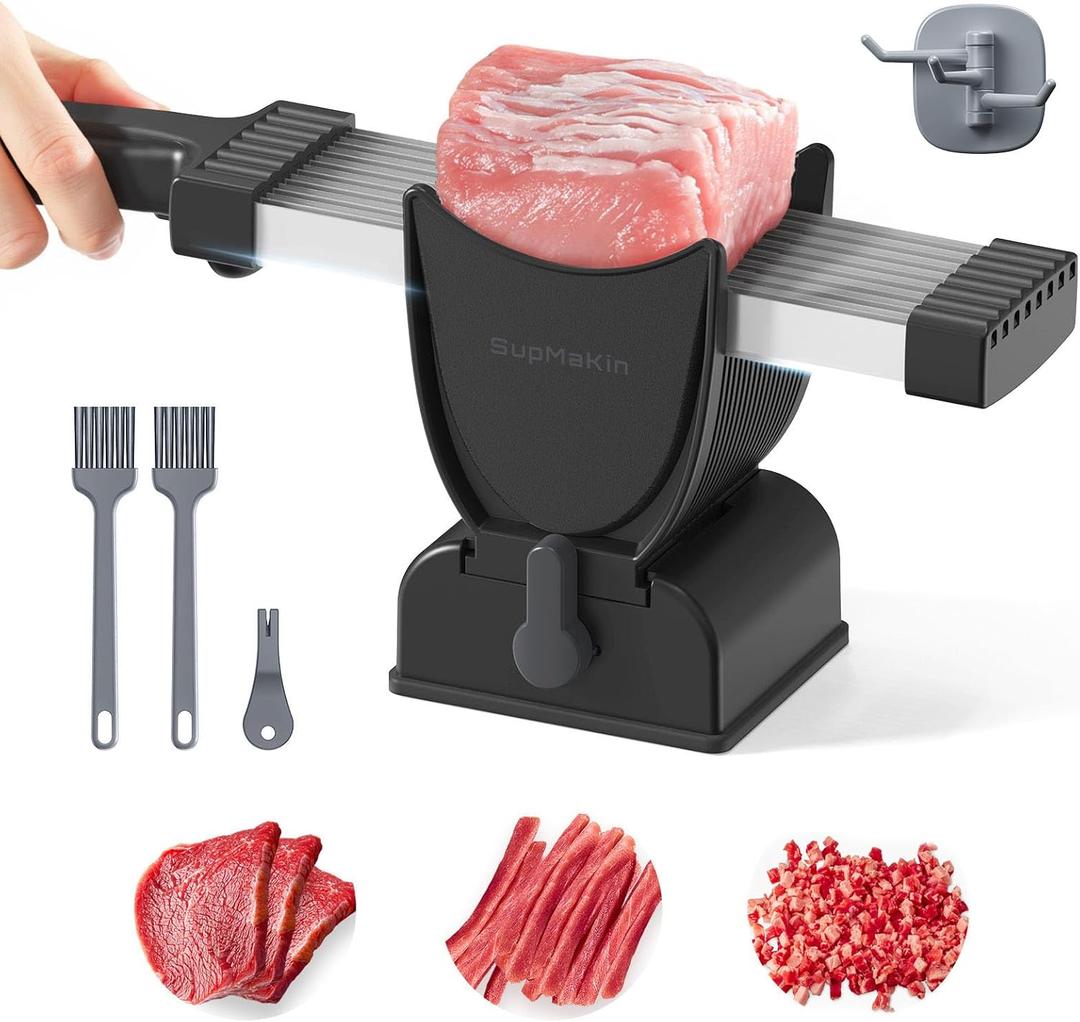 SupMaKin Fresh Meat Slicer, Thickness Adjustable 2 or 4 mm, 17 IN 1 Stainless Steel Manual Meat Cutter, Cleaver Kitchen Knife, Jerky Spam Slicer Suit for Chicken Breast Beef Pork (Black)