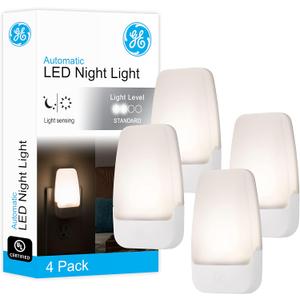 GE LED Night Light, Plug-in, Dusk to Dawn Sensor, Warm White, Ambient Lighting, Ideal for Kids and Adults Bedroom, Bathroom, Nursery, Hallway, Kitchen, 46882, 4 Pack