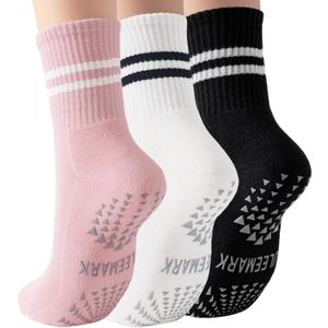 ULEEMARK Womens Pilates Non slip Yoga Socks Dance Gym Exercise Ankle Socks (One Size, 3 Pack Black White Pink)