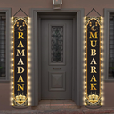 Eid Mubarak Door Banners Lighted Decorations Eid AlAdha Porch Sign with LED Light Decorations Black Gold Moon Lantern Door Sign Hanging Banner for Eid AlAdha Party Outside Lighted Decor